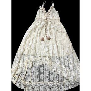 Bohemian Lace Maxi Dress With Pom Details & Adjustable Straps Ivory